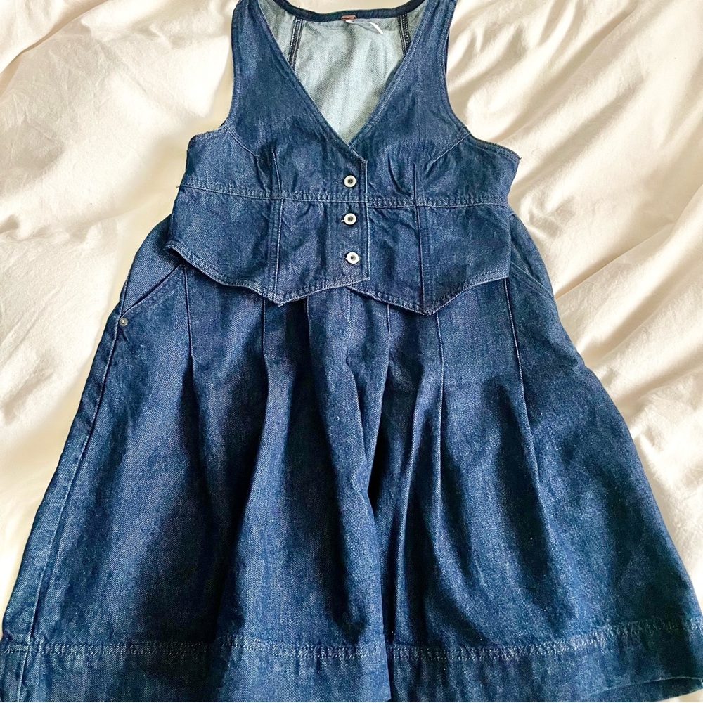 FREE PEOPLE Scout Denim Skirt Set Cropped Vest Top Dark Indigo Women's Size 4 6 - Picture 2 of 12
